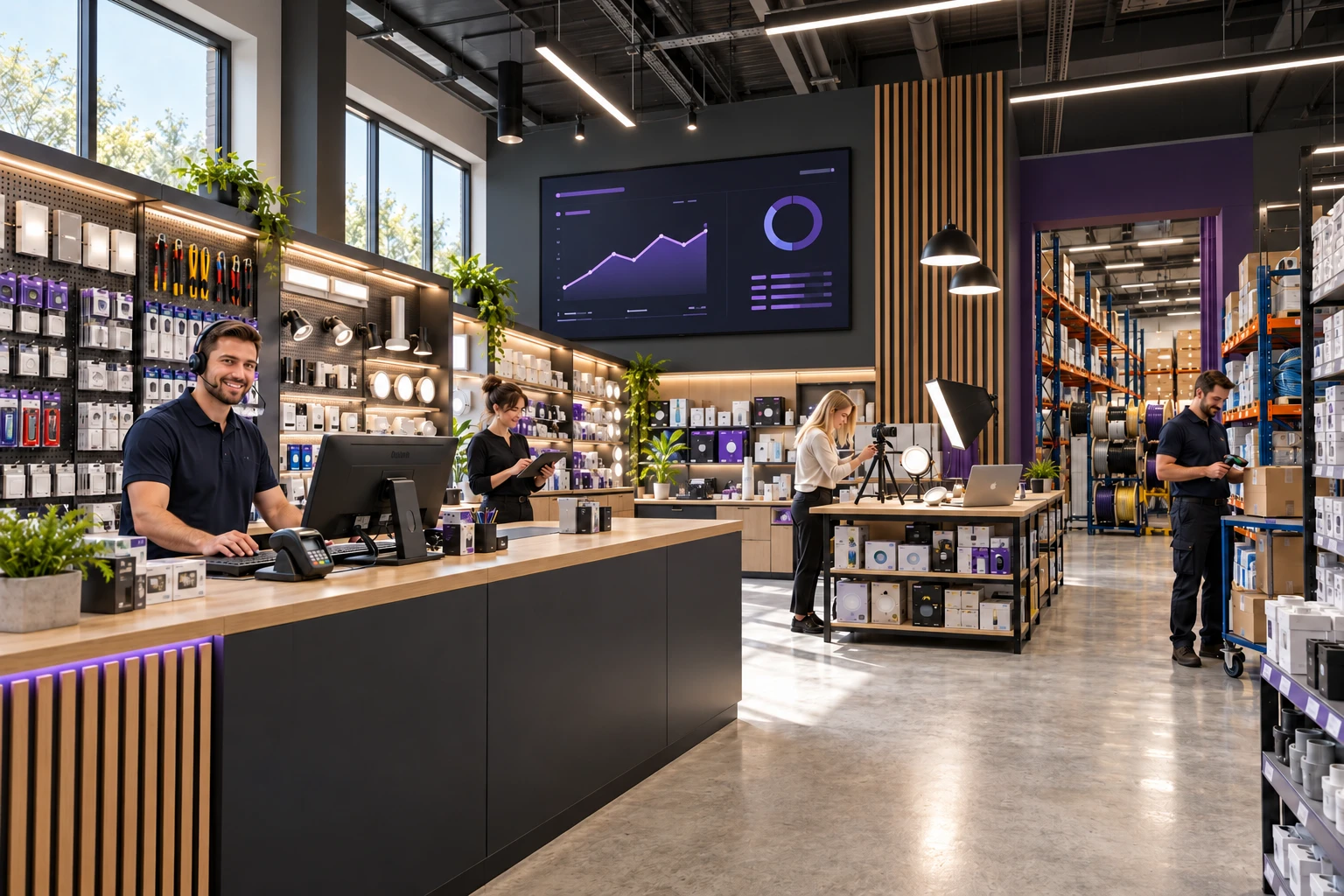 A trade counter and warehouse: a staff member with a headset at the counter, product walls, a photography table, stock racking and a wall-mounted screen