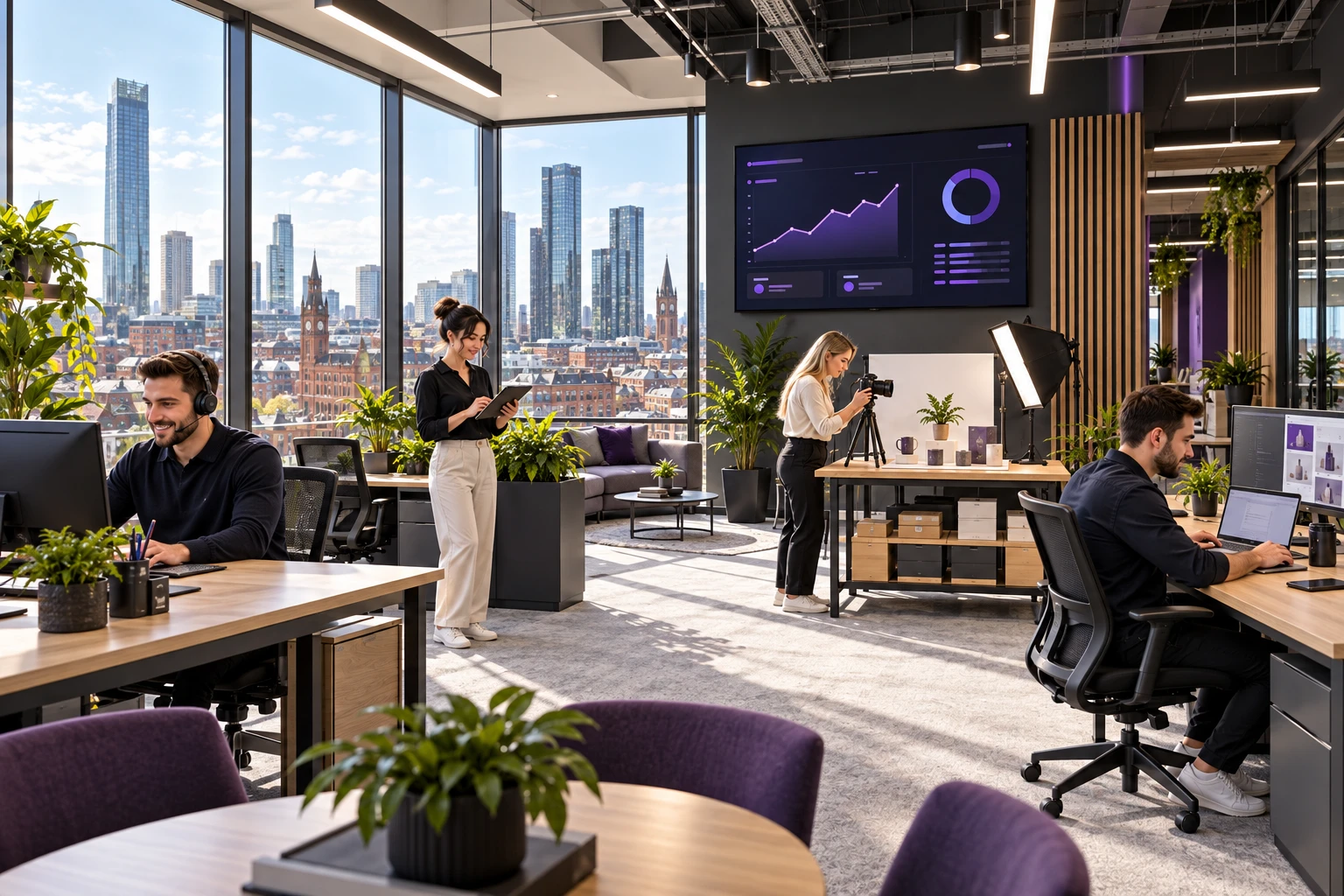 A bright open-plan office with city views: a staff member with a headset at a desk, a colleague with a tablet, a product photography table and a wall-mounted screen