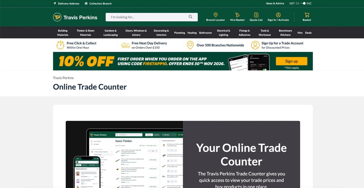 Travis Perkins Online Trade Counter page