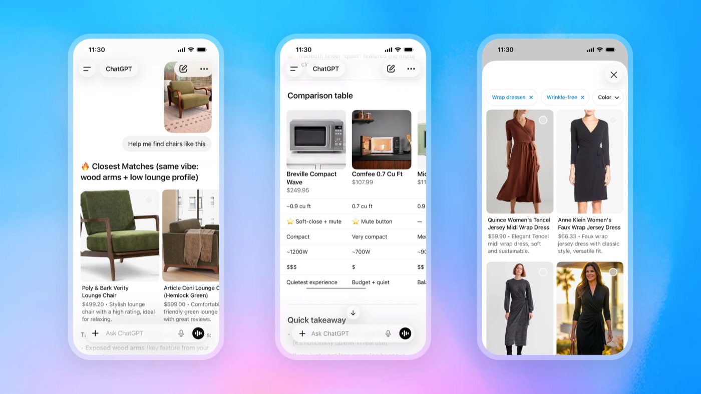Three phone screens showing an AI assistant recommending products: matching lounge chairs, a comparison table of microwaves, and a filtered list of wrap dresses