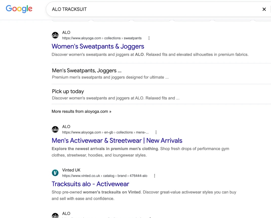 Google search results for a tracksuit, with the brand's own pages ranking at the top and extra page links underneath